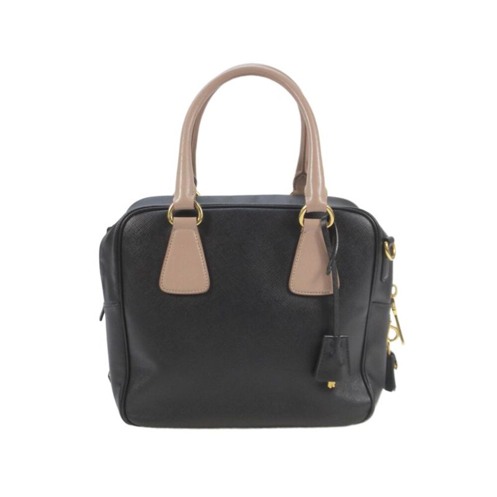 Prada Womens Saffiano Leather Bauletto Satchel Shoulder Handbag Black Pink